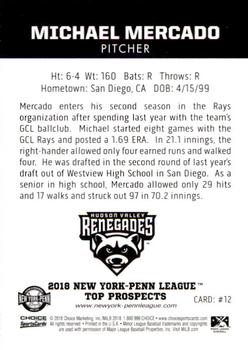 2018 Choice New York-Penn League Top Prospects #12 Michael Mercado Back