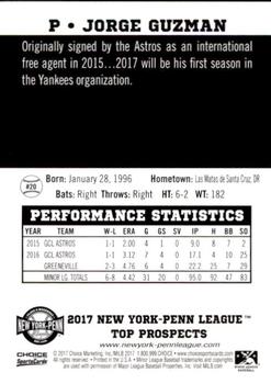 2017 Choice New York-Penn League Top Prospects #20 Jorge Guzman Back