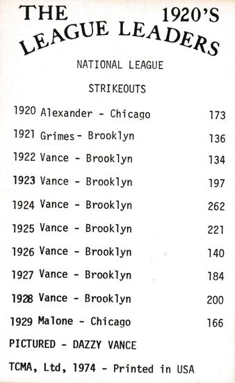 1974 TCMA 1920's League Leaders #NNO Dazzy Vance Back