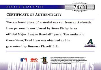 2005 Donruss Prime Patches - Major League Materials Autograph Jersey #MLM-14 Steve Finley Back