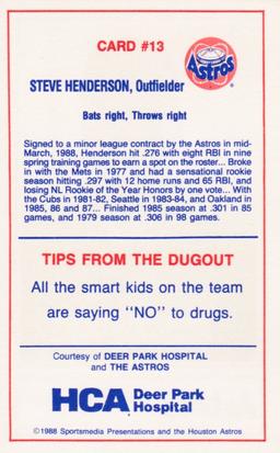 1988 Houston Astros Police #13 Steve Henderson Back