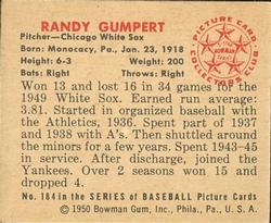 1950 Bowman #184 Randy Gumpert Back