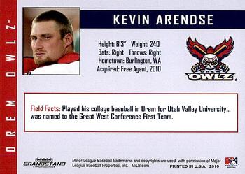 2010 Grandstand Orem Owlz #NNO Kevin Arendse Back