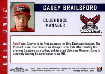 2010 Grandstand Orem Owlz #NNO Casey Brailsford Back