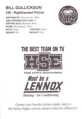 1990 HSE Lennox Houston Astros #NNO Bill Gullickson Back