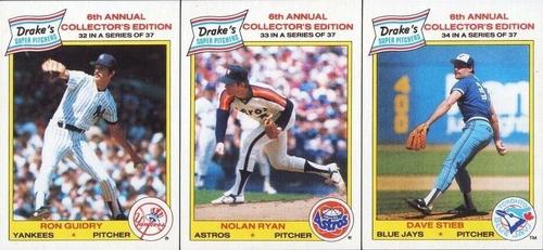 1986 Drake's Big Hitters - Box Panels #32-34 Ron Guidry / Nolan Ryan / Dave Stieb Front