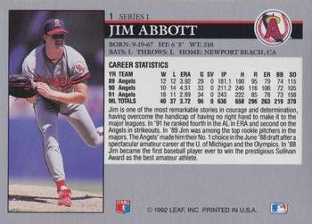 1992 Leaf #1 Jim Abbott Back