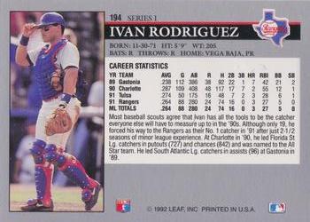 1992 Leaf #194 Ivan Rodriguez Back
