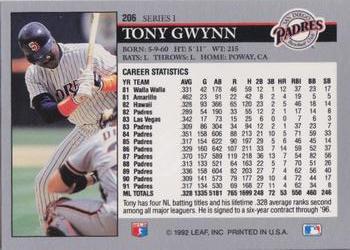 1992 Leaf #206 Tony Gwynn Back