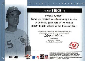 2005 Fleer Classic Clippings - Cut of History Single Jersey Blue #CH-JB Johnny Bench Back
