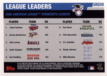 2006 Topps Updates & Highlights #UH208 2006 AL Strikeouts Leaders (Johan Santana / Jeremy Bonderman / John Lackey) Back