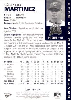 2009 MultiAd New Orleans Zephyrs #16 Carlos Martinez Back