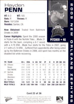 2009 MultiAd New Orleans Zephyrs #22 Hayden Penn Back