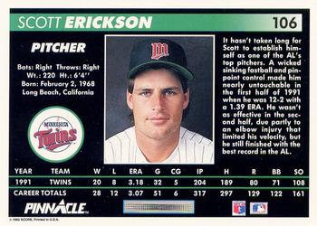 1992 Pinnacle #106 Scott Erickson Back