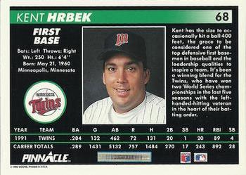 1992 Pinnacle #68 Kent Hrbek Back