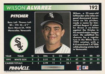 1992 Pinnacle #192 Wilson Alvarez Back