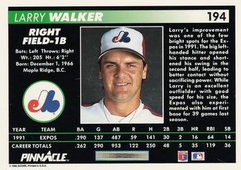 1992 Pinnacle #194 Larry Walker Back
