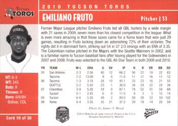 2010 MultiAd Tucson Toros #10 Emiliano Fruto Back