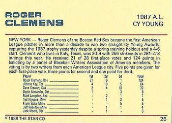 1988 Star Platinum #26 Roger Clemens Back