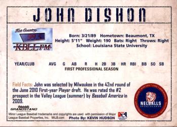 2010 Grandstand Helena Brewers #NNO John Dishon Back