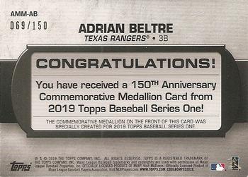2019 Topps - 150th Anniversary Commemorative Medallions 150th Anniversary (Series One) #AMM-AB Adrian Beltre Back