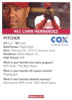 2007 Cox Communications Arizona Diamondbacks #NNO Livan Hernandez Back