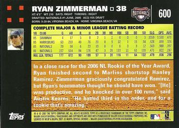 2007 Topps #600 Ryan Zimmerman Back