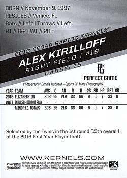 2018 Choice Cedar Rapids Kernels #15 Alex Kirilloff Back