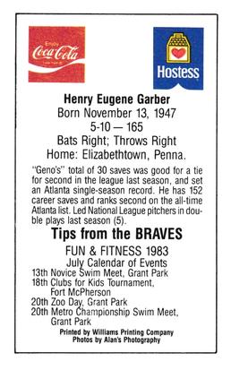1983 Atlanta Braves Police #NNO Gene Garber Back