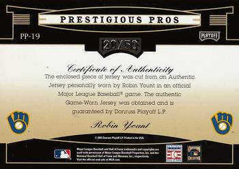 2005 Playoff Prestige - Prestigious Pros Material Jersey Gold #PP-19 Robin Yount Back