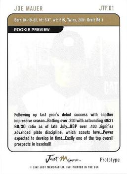 2002 Just Prospects - Just the Franchise Rookie Preview Prototypes #JTF1 Joe Mauer Back