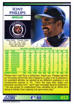 1992 Score #453 Tony Phillips Back