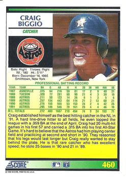 1992 Score #460 Craig Biggio Back