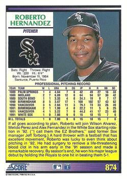 1992 Score #874 Roberto Hernandez Back