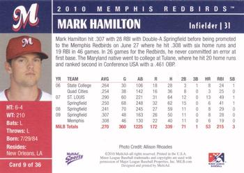 2010 MultiAd Memphis Redbirds #9 Mark Hamilton Back