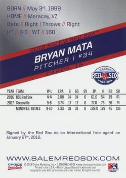 2018 Choice Salem Red Sox #15 Bryan Mata Back
