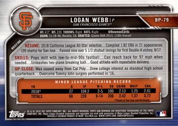 2019 Bowman - Prospects #BP-79 Logan Webb Back