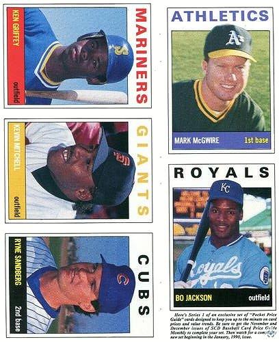 1989 SCD Baseball Card Price Guide Monthly - Full Panel #1 Mark McGwire / Bo Jackson / Ken Griffey / Kevin Mitchell / Ryne Sandberg Front