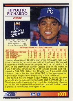 1992 Score Rookie & Traded #103T Hipolito Pichardo Back