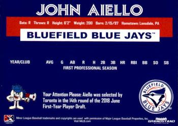 2018 Grandstand Bluefield Blue Jays #NNO John Aiello Back