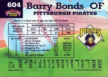 1992 Stadium Club #604 Barry Bonds Back