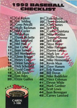 1992 Stadium Club #298 Checklist: 1-100 Front