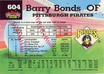 1992 Stadium Club #604 Barry Bonds Back