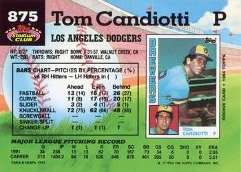 1992 Stadium Club #875 Tom Candiotti Back