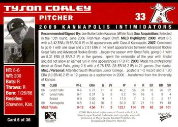 2009 MultiAd Kannapolis Intimidators #6 Tyson Corley Back
