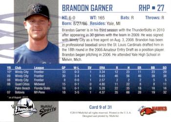 2010 MultiAd Windy City ThunderBolts #9 Brandon Garner Back