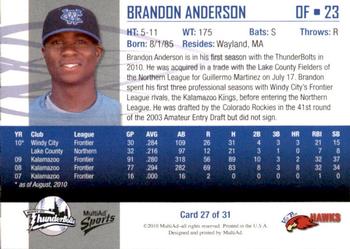 2010 MultiAd Windy City ThunderBolts #27 Brandon Anderson Back