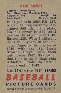 1951 Bowman #214 Bob Swift Back