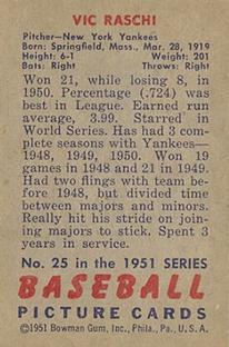 1951 Bowman #25 Vic Raschi Back