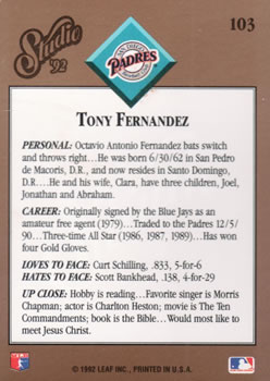 1992 Studio #103 Tony Fernandez Back